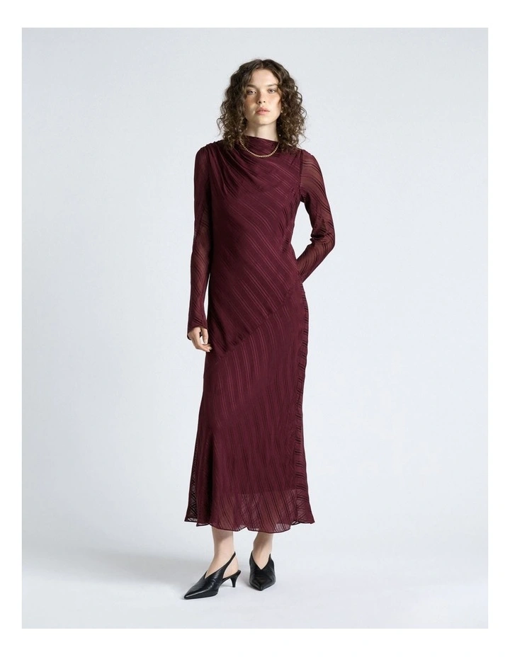 Self Stripe Gathered Midi Dress in Plum image 1