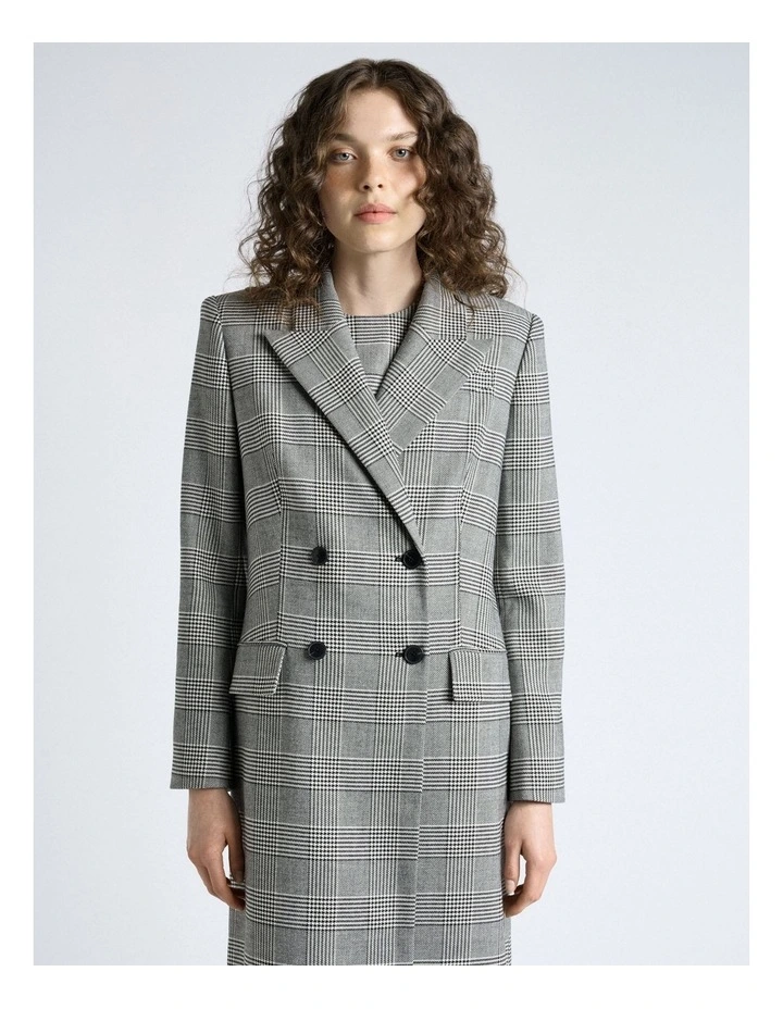 European Houndstooth Check Double Breasted Coat in Black/White image 3