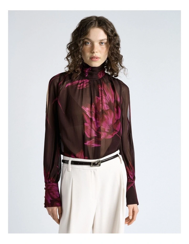 Oversized Floral Georgette Cold Shoulder Top in Chocolate image 1