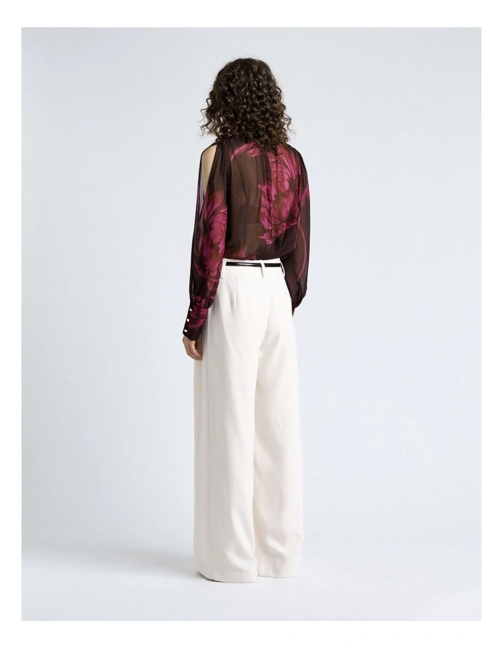 Oversized Floral Georgette Cold Shoulder Top in Chocolate image 2