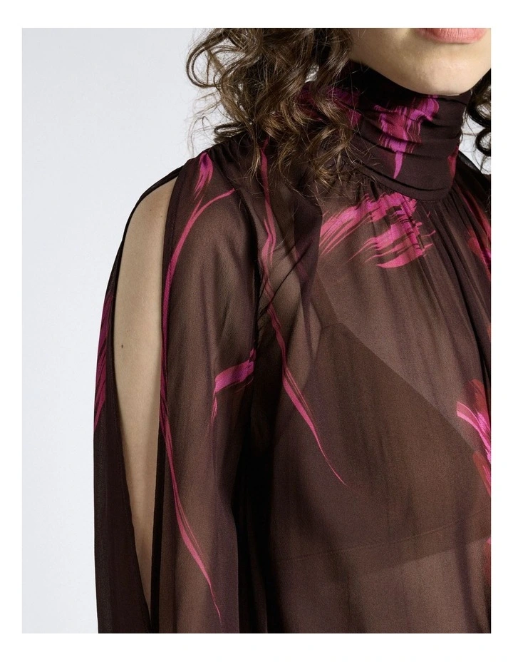 Oversized Floral Georgette Cold Shoulder Top in Chocolate image 3