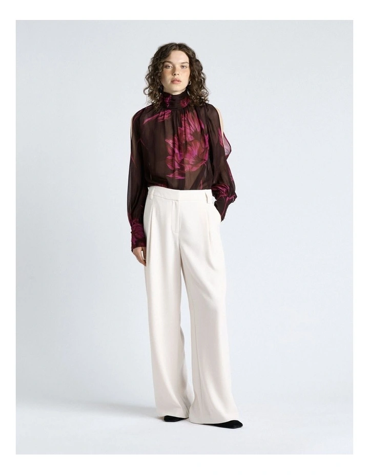 Oversized Floral Georgette Cold Shoulder Top in Chocolate image 5