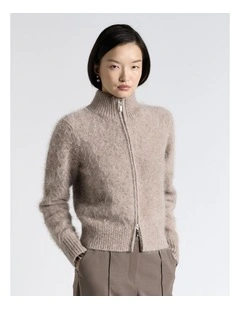 Brushed Alpaca Blend Knit Zip Jacket in Brown