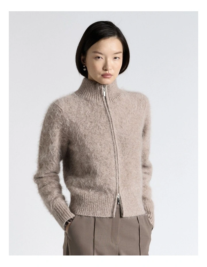 Brushed Alpaca Blend Knit Zip Jacket in Brown image 1