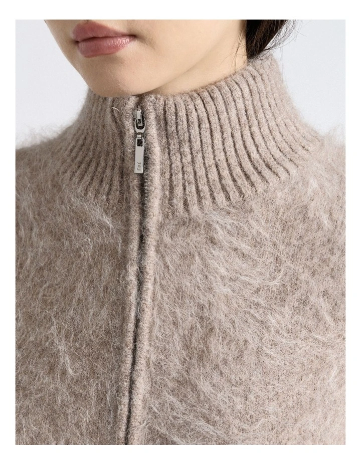 Brushed Alpaca Blend Knit Zip Jacket in Brown image 3