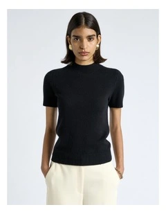 Merino Cashmere Blend Mock Neck Short Sleeve Knit in Black