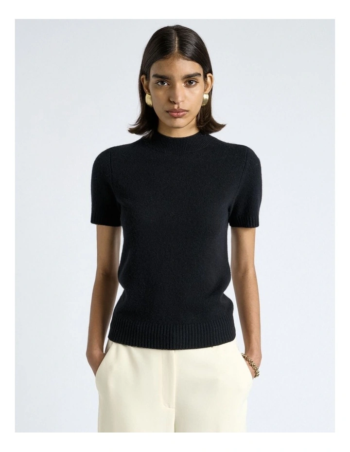 Merino Cashmere Blend Mock Neck Short Sleeve Knit in Black image 1