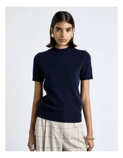 Merino Cashmere Blend Mock Neck Short Sleeve Knit in Navy