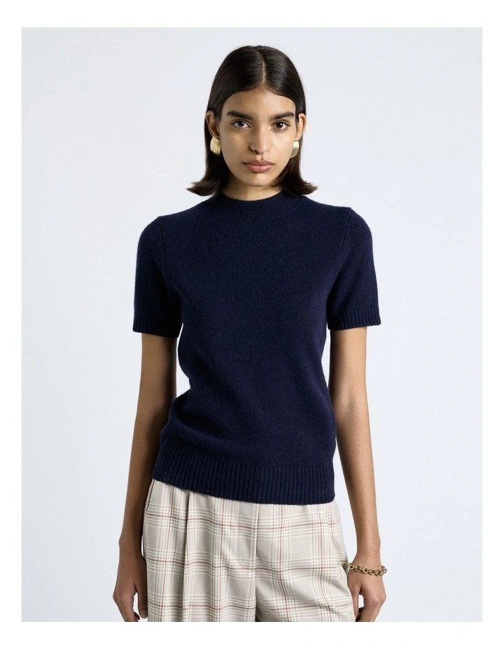 Merino Cashmere Blend Mock Neck Short Sleeve Knit in Navy image 1