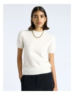 Brushed Alpaca Wool Blend Short Sleeve Tee in White