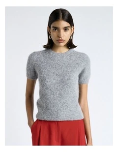 Brushed Alpaca Wool Blend Short Sleeve Tee in Grey