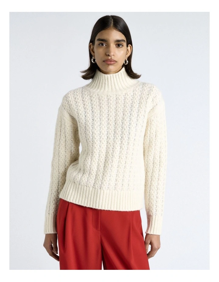 Merino Alpaca Blend Cable Turtle Neck Knit in White image 1