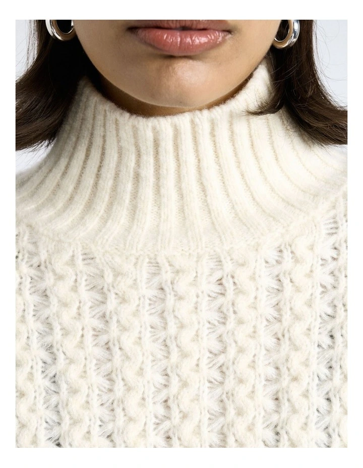 Merino Alpaca Blend Cable Turtle Neck Knit in White image 3