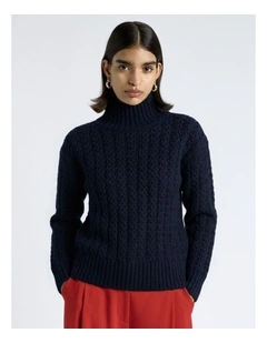Merino Alpaca Blend Cable Turtle Neck Knit in Navy