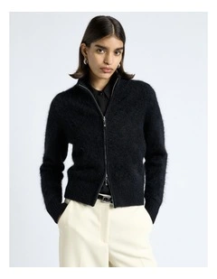 Brushed Alpaca Blend Knit Zip Jacket in Black