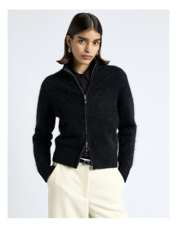 Brushed Alpaca Blend Knit Zip Jacket in Black image 1