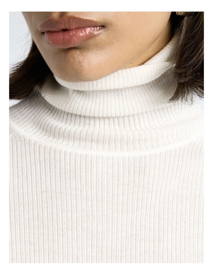 Merino Turtle Neck Ribbed Knit in White image 3