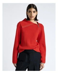 Merino Bias Zip Neck Knit in Red