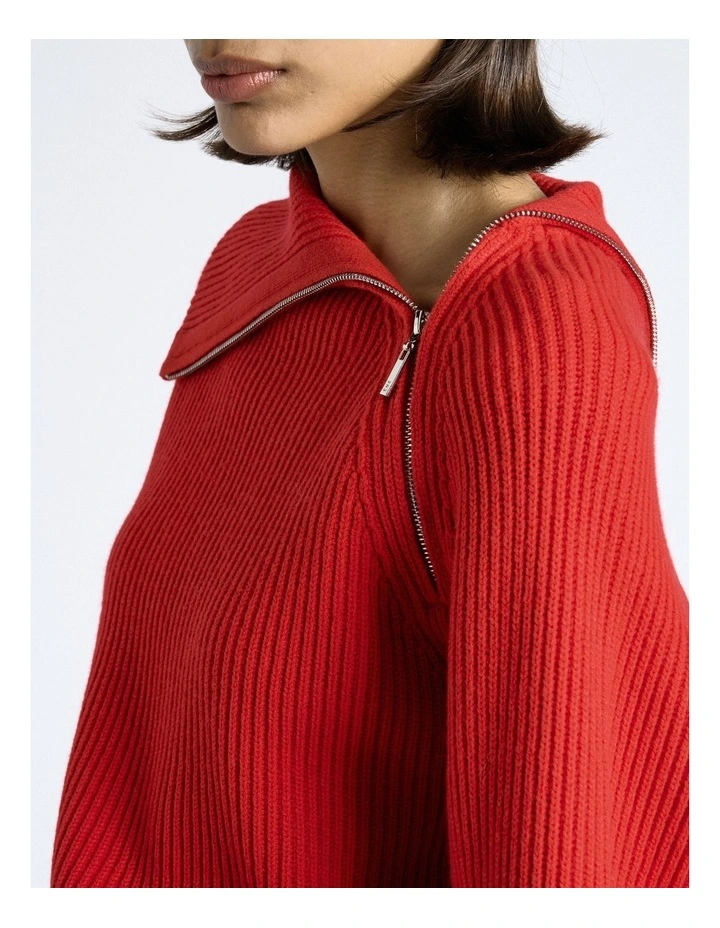 Merino Bias Zip Neck Knit in Red image 3