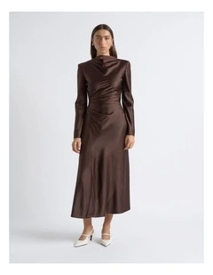 Matte Satin Viscose Gathered Midi Dress in Coffee Bean