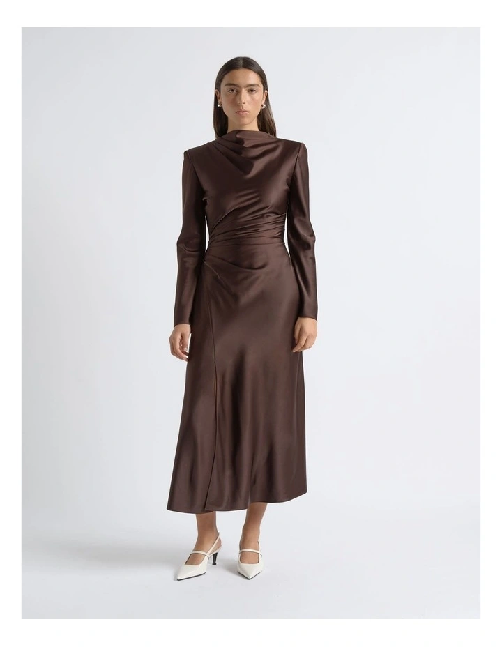 Matte Satin Viscose Gathered Midi Dress in Coffee Bean image 1