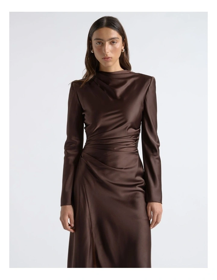 Matte Satin Viscose Gathered Midi Dress in Coffee Bean image 3