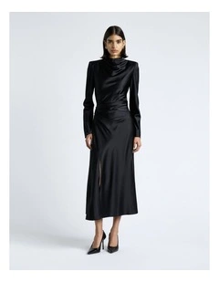 Matte Satin Viscose Gathered Midi Dress in Black