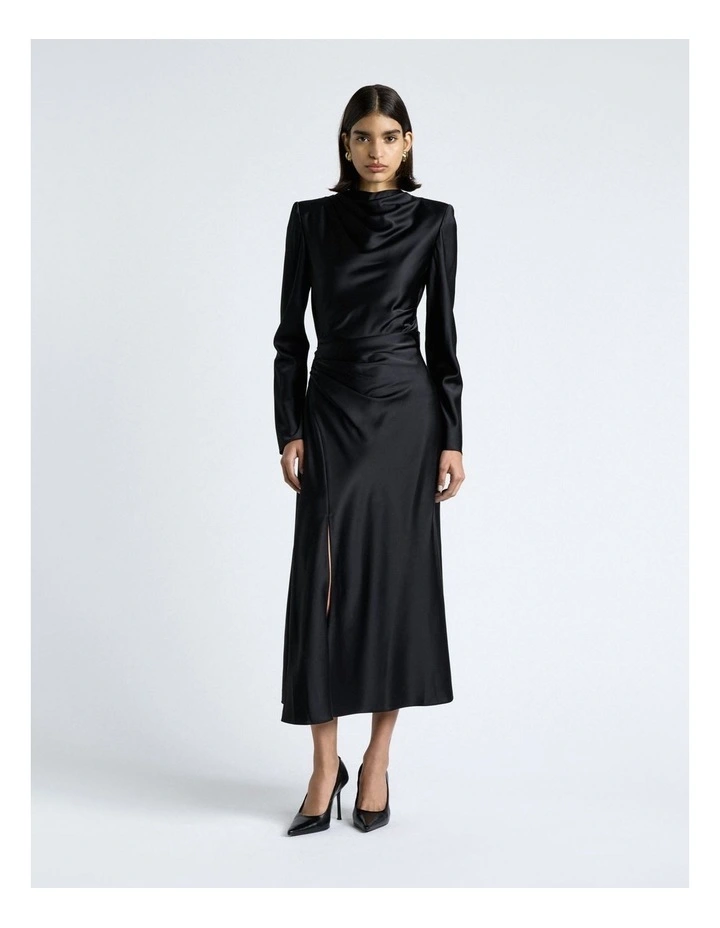 Matte Satin Viscose Gathered Midi Dress in Black image 1
