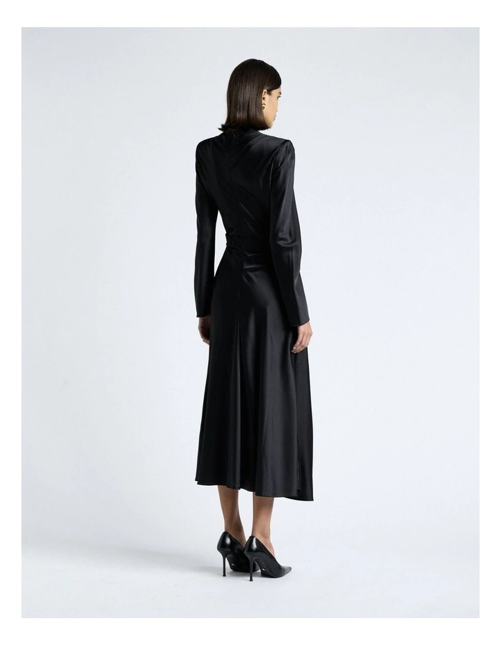 Matte Satin Viscose Gathered Midi Dress in Black image 2