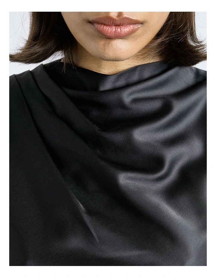 Matte Satin Viscose Gathered Midi Dress in Black image 3