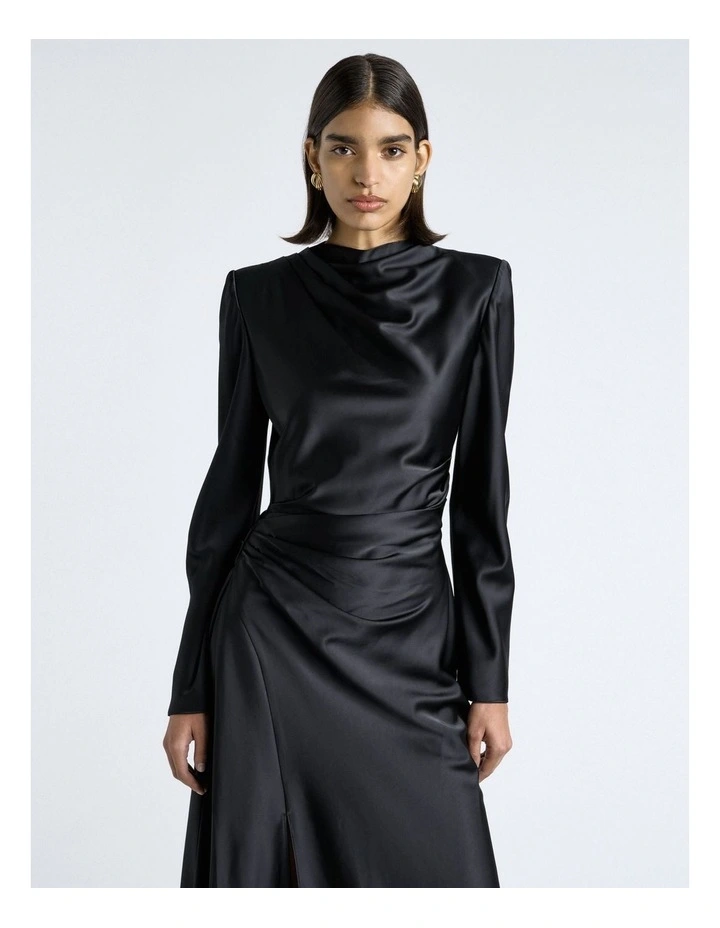 Matte Satin Viscose Gathered Midi Dress in Black image 4