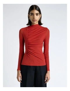 Ruched Mesh Long Sleeve Top