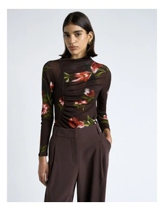 Blurred Floral Ruched Mesh Long Sleeve Top