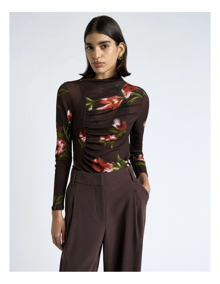 Blurred Floral Ruched Mesh Long Sleeve Top image 1