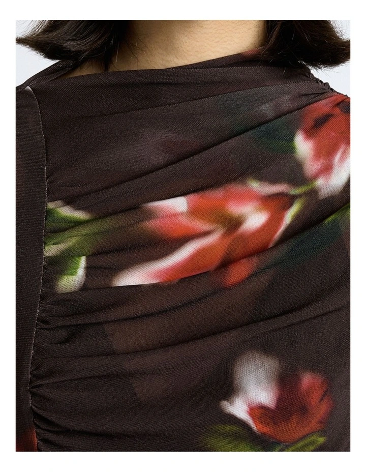 Blurred Floral Ruched Mesh Long Sleeve Top image 3