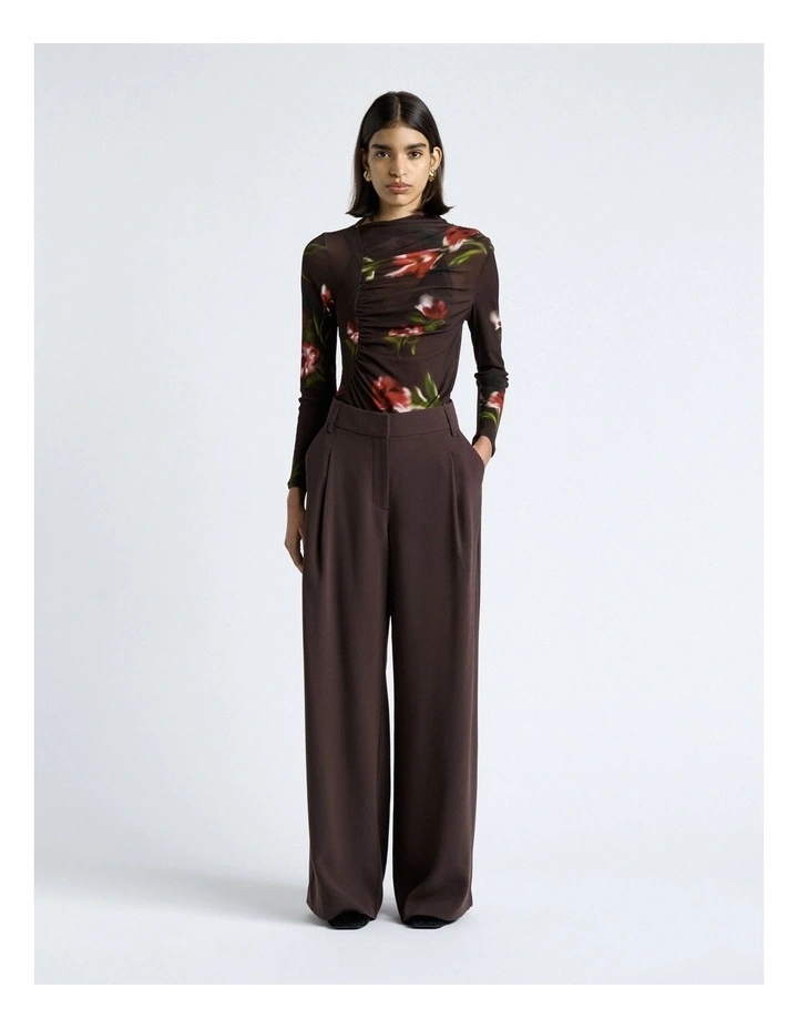 Blurred Floral Ruched Mesh Long Sleeve Top image 4