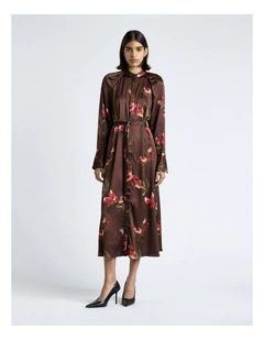 Blurred Floral Satin Belted Midi Dress