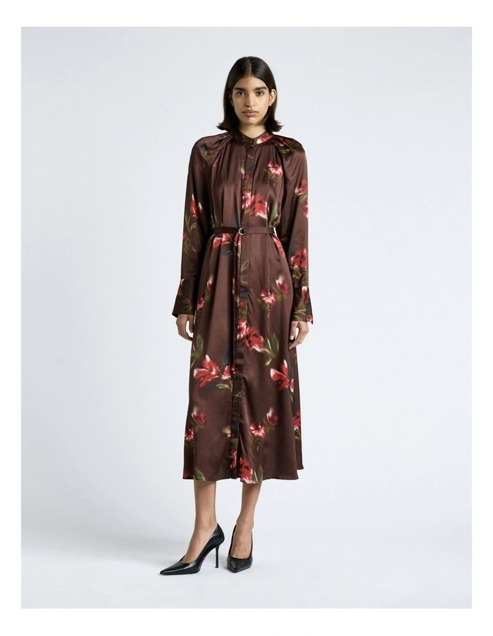 Blurred Floral Satin Belted Midi Dress image 1