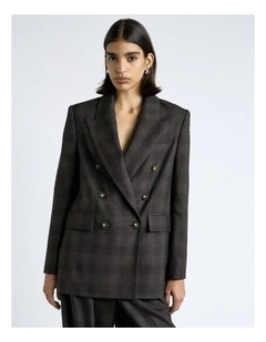 Brushed Prince of Wales Tweed Double Breasted Blazer in Black Melange