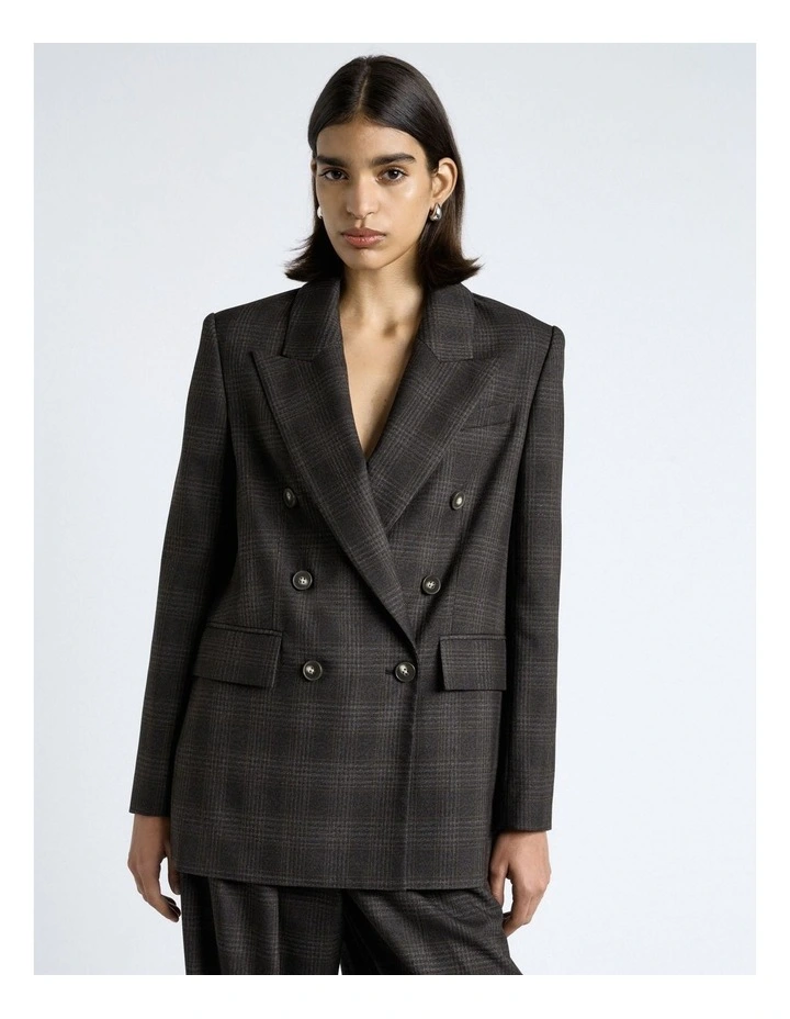 Brushed Prince of Wales Tweed Double Breasted Blazer in Black Melange image 1