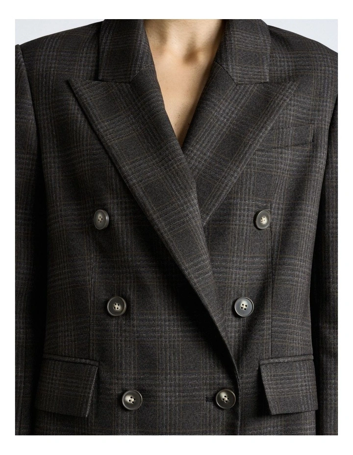 Brushed Prince of Wales Tweed Double Breasted Blazer in Black Melange image 3