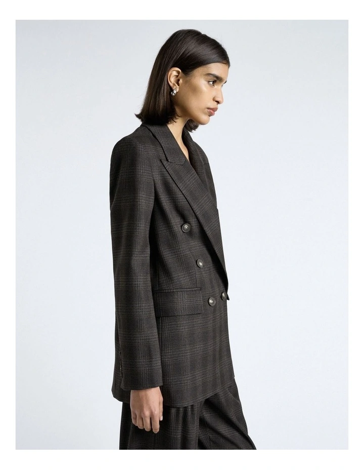 Brushed Prince of Wales Tweed Double Breasted Blazer in Black Melange image 4