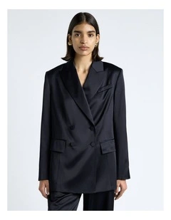 Matte Satin Viscose Double Breasted Blazer in Dark Ink