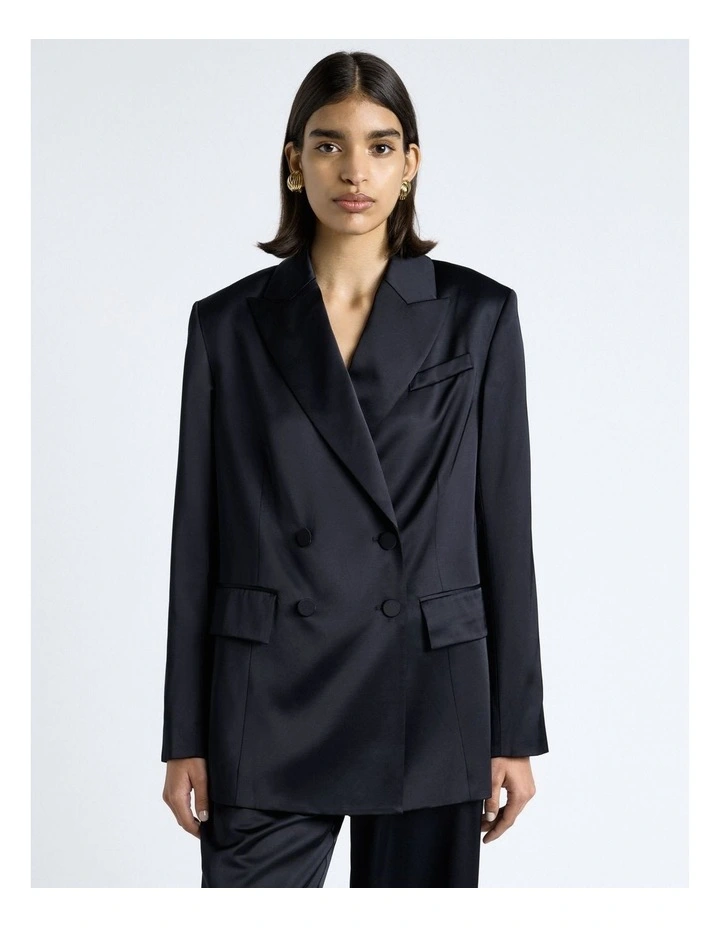 Matte Satin Viscose Double Breasted Blazer in Dark Ink image 1