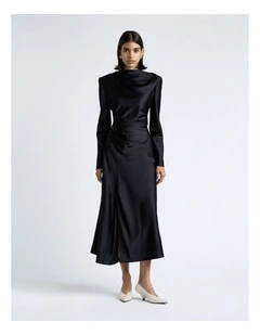 Matte Satin Viscose Gathered Midi Dress in Dark Ink