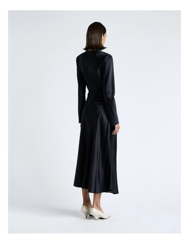Matte Satin Viscose Gathered Midi Dress in Dark Ink image 2