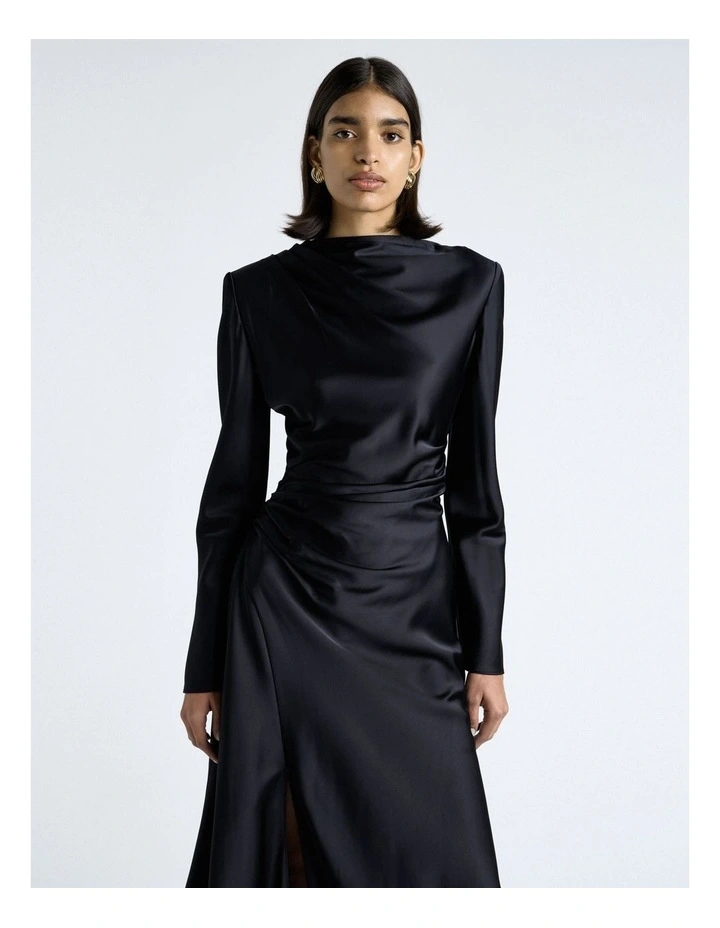 Matte Satin Viscose Gathered Midi Dress in Dark Ink image 3