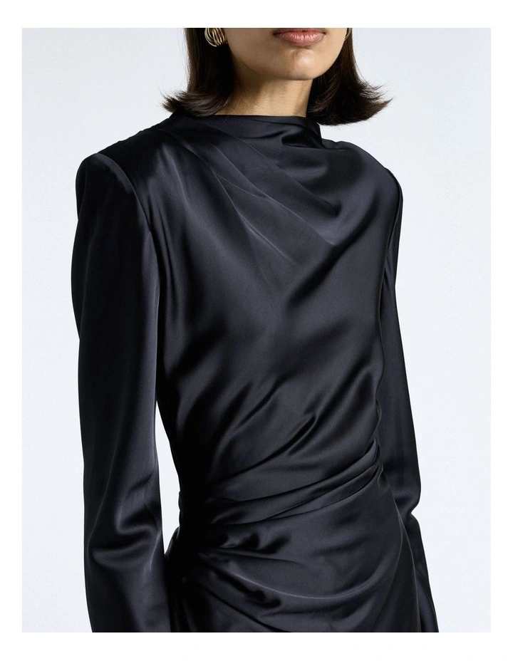 Matte Satin Viscose Gathered Midi Dress in Dark Ink image 4