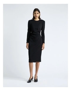 Shirred Jacquard Knit Midi Dress in Black