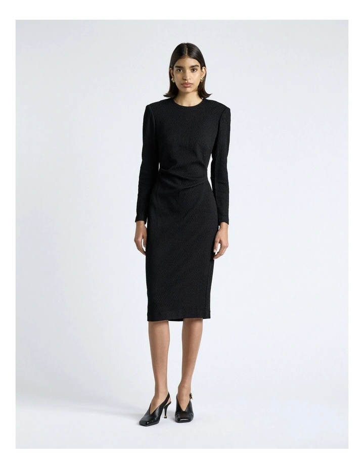 Shirred Jacquard Knit Midi Dress in Black image 1